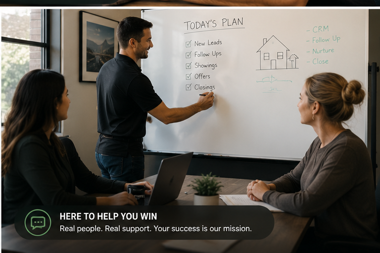 Real estate agents planning their CRM strategy on a whiteboard